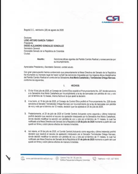 Esta es la carta que envió Cambio Radical. Crédito: Cortesía.