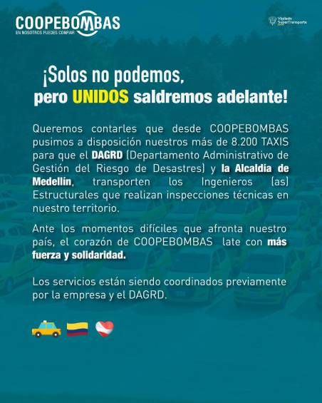 Coopebombas anuncia que más de 8.200 taxis en Medellín transportarán gratis a ingenieros para inspeccionar daños tras terremoto