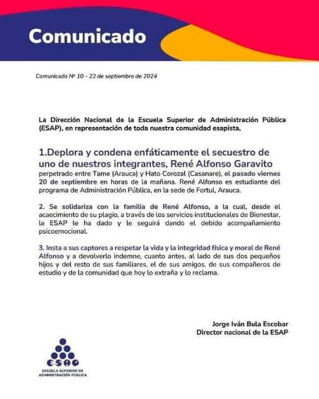 Estudiante de Administración de la ESAP lleva cuatro días secuestrado en Arauca 