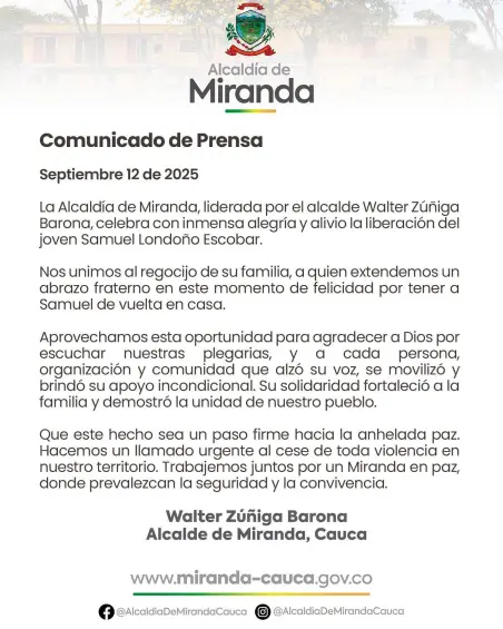 Liberaron a Samuel Londoño, el hijo del gerente de Licorera del Cauca