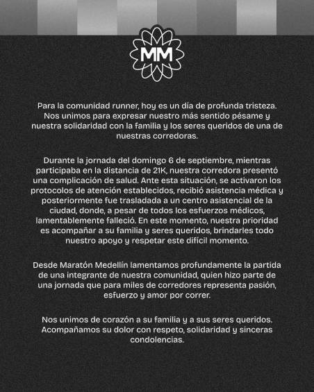 Comunicado de los organizadores de la carrera donde confirman el deceso. FOTO: Cortesía.