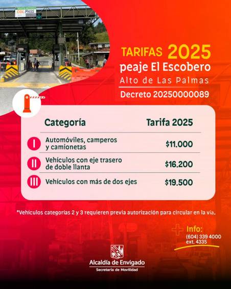 ¡Ojo! Subieron las tarifas del peaje Escobero-Alto de Las Palmas, en Envigado, para lo que queda de este 2025