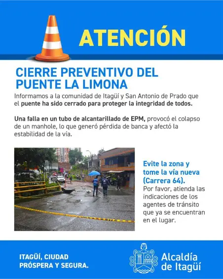 Cierran vía vieja a San Antonio de Prado por daño en el puente de La Limona: 20.000 vehículos afectados
