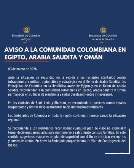 Comunicado de la Embajada de Colombia en Arabia Saudita. Foto: redes sociales @rayan.elbarkachi