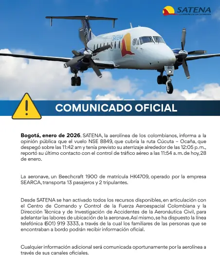 Urgente: Avión de Satena desapareció del radar con 15 personas en Norte de Santander; un congresista y un candidato viajaban en la aeronave