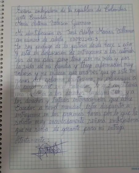 Carta presuntamente escrita por alias Fito y enviada a la embajadora de Colombia en Ecuador. Foto: cortesía La Hora