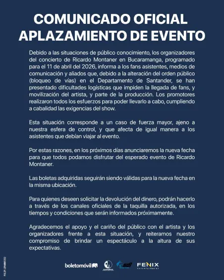 Aplazan concierto de Ricardo Montaner en Bucaramanga por situación de orden público y bloqueos viales en Santander
