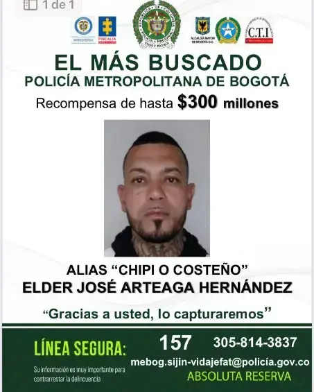Él es alias Costeño, involucrado en atentado contra Miguel Uribe, por quien ofrecen $300 millones de recompensa