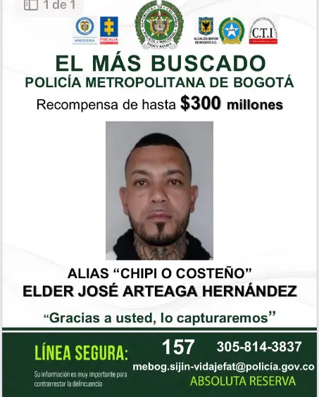 Cartel del más buscados por el atentado contra Miguel Uribe. Foto: Policia
