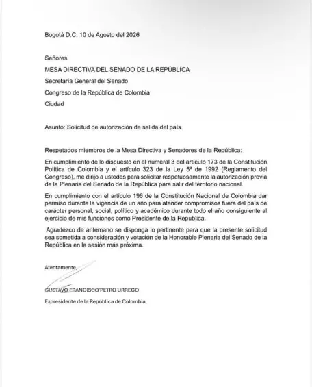 Esta es la carta que habría sido enviada por parte de Petro al Senado. FOTO: Redes sociales.