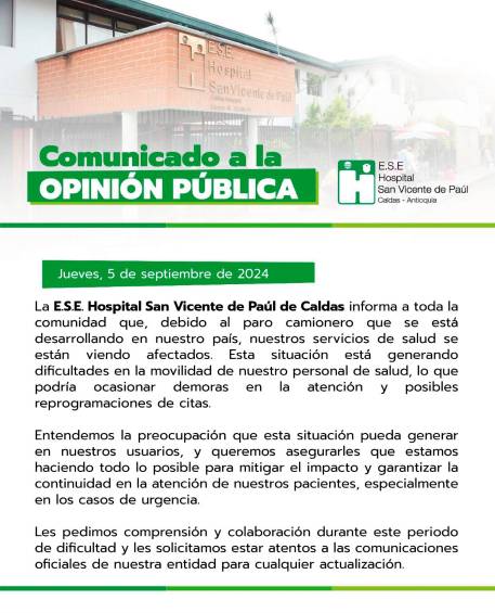 Hospital de Caldas, Antioquia, alerta por dificultades para prestar servicios debido al paro de transportadores