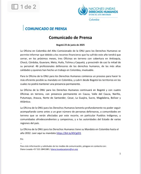 ONU Derechos Humanos cerrará tres de sus oficinas en Colombia por cuenta de recortes financieros