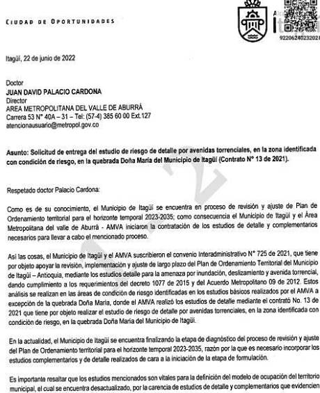 Carta en la que Itagüí solicita se entreguen los estudios