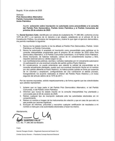 ¿Otra mentira? Quintero niega haber autorizado su inscripción por un partido a la consulta, pero antes dijo lo contrario
