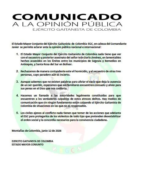 Comunicado del Ejército Gaitanista de Colombia.
