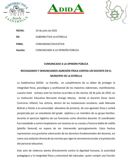 Docente de La Estrella terminó en cirugía tras golpiza dada por alumno y acudiente