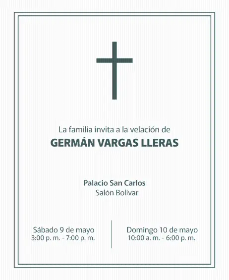 Invitación difundida por el partido Cambio Radical con los horarios y lugar de la velación de Germán Vargas Lleras, en Bogotá. Foto: tomada de X