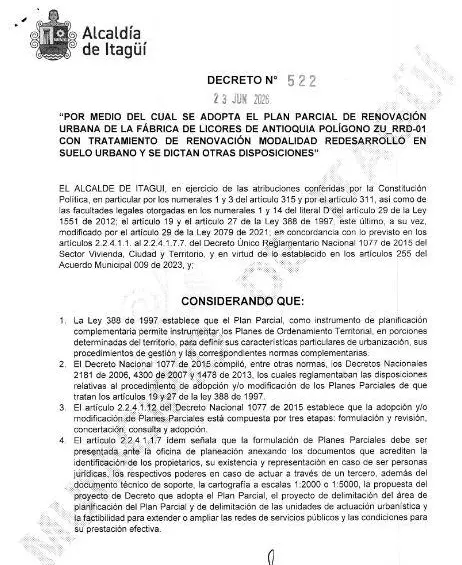Extracto del decreto del municipio de Itagüí, expedido el pasado mes de junio. FOTO: Cortesía
