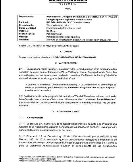Procuraduría suspendió a embajadora en Haití por presunta campaña a favor de Iván Cepeda