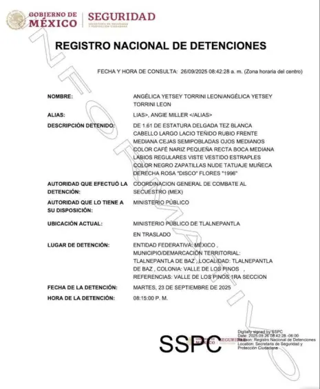 Informe de detención de Angélica Yetsey Torrini León conocida como alias Lias y Angie Miller, vinculada a la investigación sobre la muerte de B-King y Regio Clown. Imagen: Fiscalía de México. 