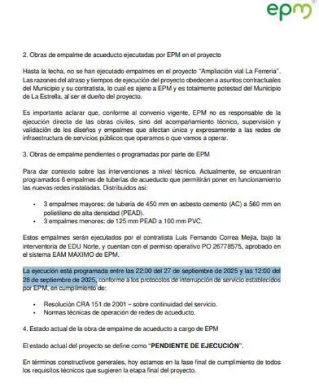 informe que señala la fecha de la interevención.
