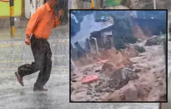 Adelante, los estragos causados en la vereda Manzanillo de Altavista. Atrás, lluvias de Medellín. FOTO: EL COLOMBIANO y Cortesía Denuncias Antioquia