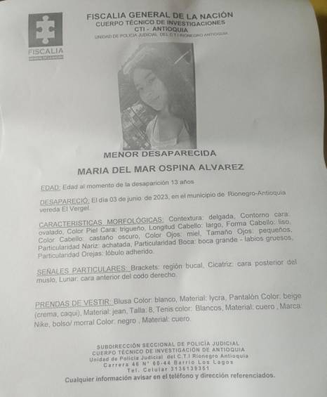 Niña de 13 años desapareció en Rionegro el fin de semana: dicen que la vieron en una finca en otro municipio