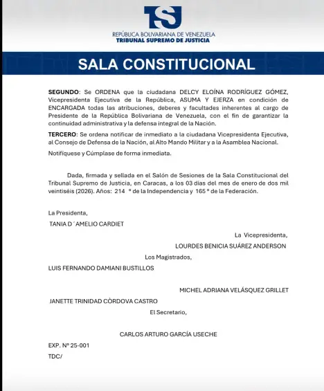 Atención: Delcy Rodríguez asume como presidenta interina de Venezuela, según orden del Tribunal Supremo de Justicia