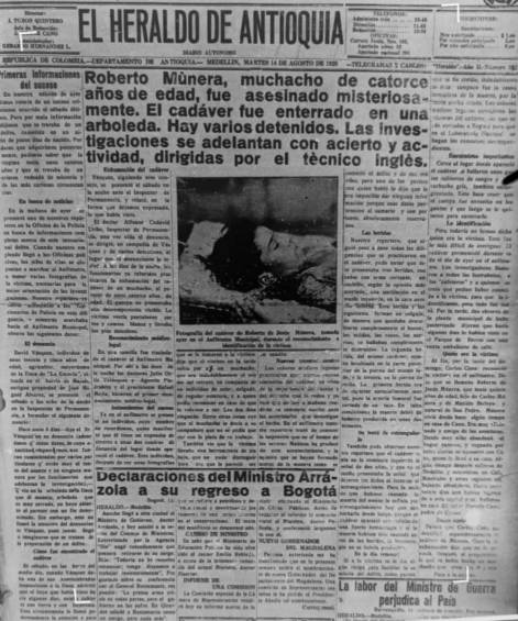 Así fue publicada la nota en el Heraldo de Antioquia que daba cuenta del lamentable crimen. FOTO: imagen obtenida del Archivo de Prensa de la Biblioteca de la Universidad de Antioquia.