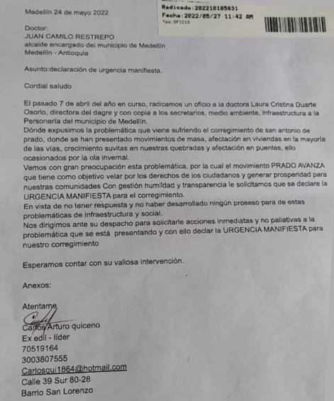 Carta enviada al alcalde encargado Juan Camilo Restrepo y que habría quedado engavetada.