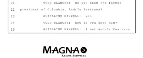 Ghislaine Maxwell habló sobre el expresidente Andrés Pastrana en declaración sobre el caso Jeffrey Epstein: esto dijo