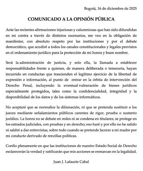 Comunicado a la opinión pública de Juan José Lafaurie Cabal