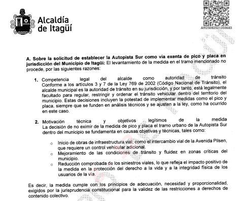 Aparte de las respuestas dadas por el municipio de Itagüí. FOTO: Cortesía