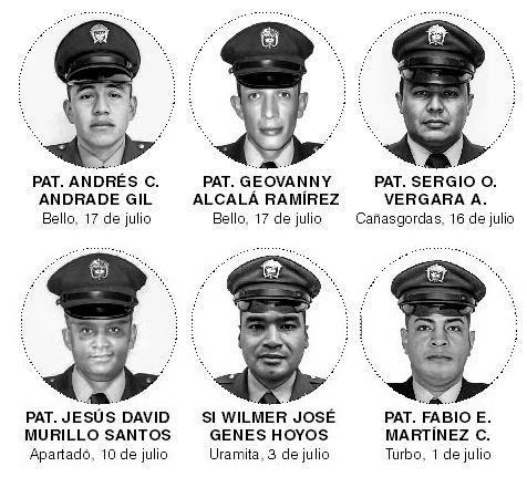 Estos son los seis uniformados que han sido asesinados este mes en Antioquia. FOTOS: CORTESÍA