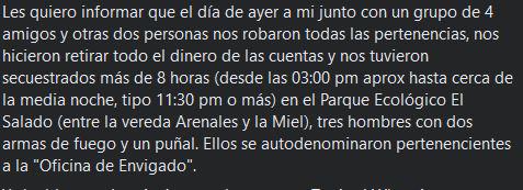 Testimonio de una de las víctimas del hurto y secuestro.