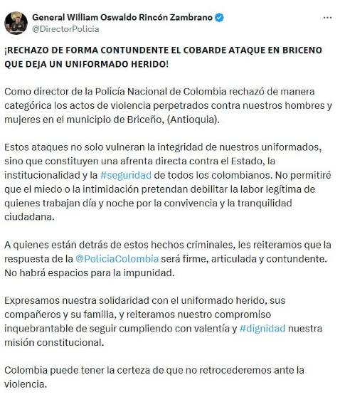 Granada contra estación de Briceño, Antioquia, dejó a un policía herido