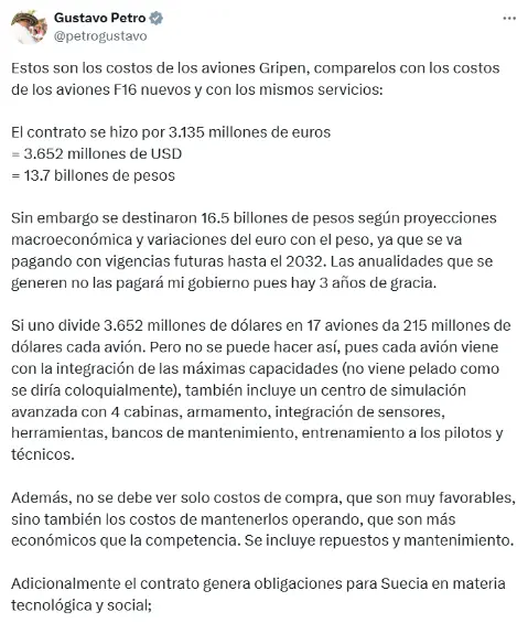 ¿Por qué Colombia pagó hasta un 55% más que Tailandia por los mismos aviones Gripen de la sueca Saab?