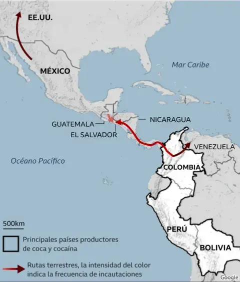 Esta es la ruta terrestre que normalmente se utiliza para enviar droga a Estados Unidos. Las flechas con mayor intensidad de color rojo indican la frecuencia de las incautaciones. FOTO: Tomada de la BBC