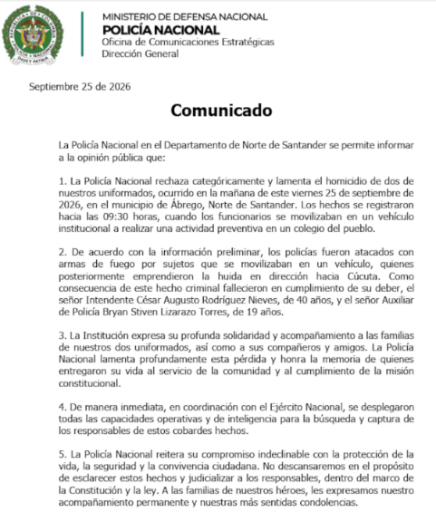 Dos policías fueron asesinados en ataque contra una patrulla en Ábrego: ofrecen $50 millones por los responsables