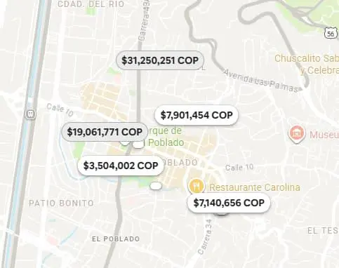 Mapa de alojamientos para la comuna 14, El Poblado, en Medellín. FOTO: captura de Pantalla, Airbnb.