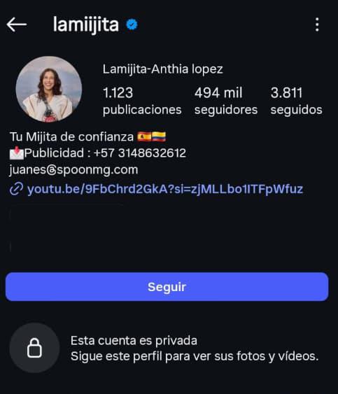 “La Mijita” también habría puesto privada su cuenta de Instagram en medio de la polémica que la relaciona con Camilo Cifuentes. FOTO: @lamijita. 