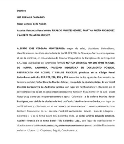 Denuncia de Alberto Vergara Monterrosa.