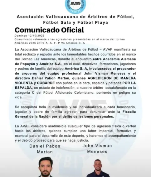 Violenta agresión a árbitro en Colombia: jugadores y técnicos del América Sub-17 golpearon al juez; ya hay pronunciamientos