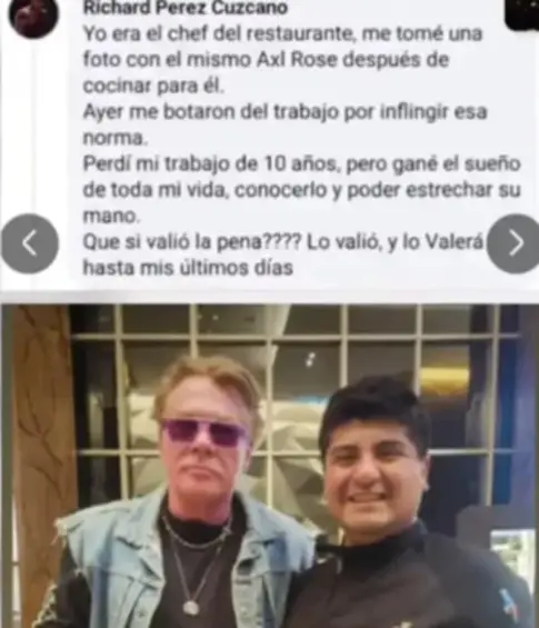 El chef peruano Richard Pérez posó con Axl Rose tras cocinar para él en Lima; la foto terminó costándole su empleo de una década. FOTO: La Republica Perú.