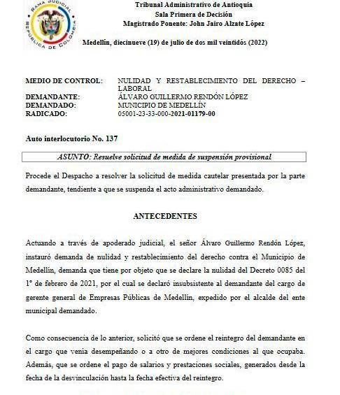 Tribunal de Antioquia negó a exgerente de EPM el regreso a su cargo