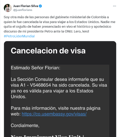 Otro más: Estados Unidos canceló la visa al ministro de la Igualdad Juan Carlos Florián