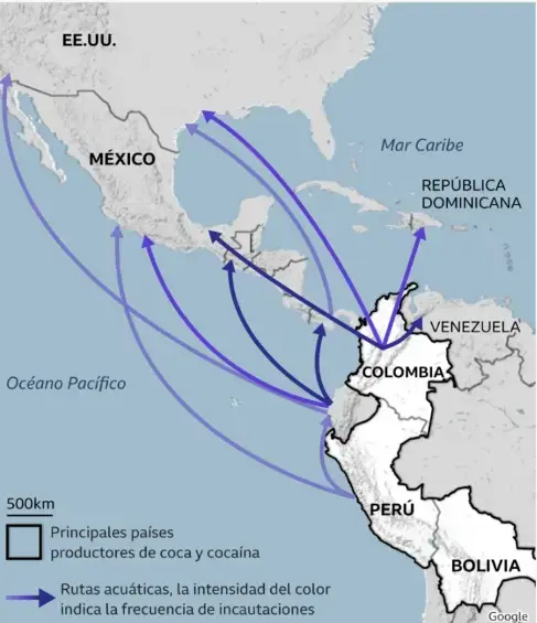 Esta es la ruta acuática que normalmente se utiliza para enviar droga a Estados Unidos. Las flechas con mayor intensidad de color azul indican la frecuencia de las incautaciones. FOTO: Tomada de la BBC