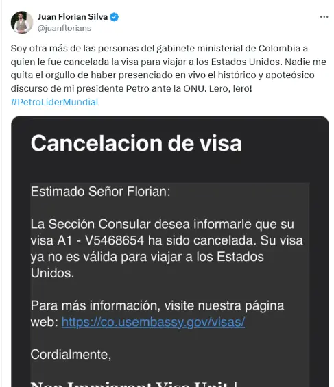 Otro más: Estados Unidos canceló la visa al ministro de la Igualdad Juan Carlos Florián