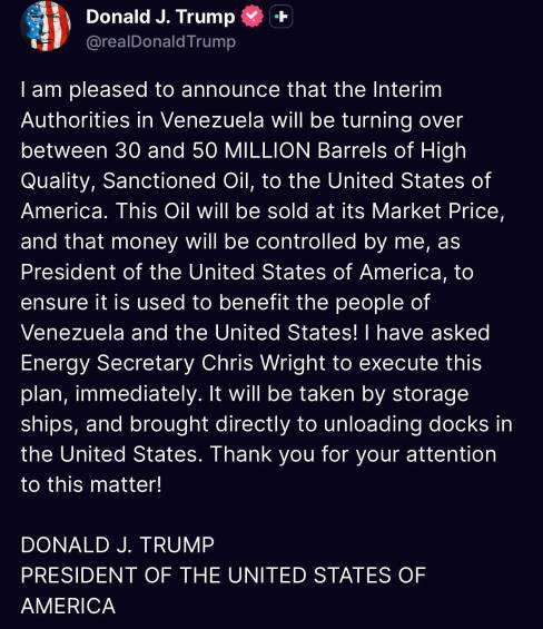 Trump dice que Venezuela “entregará” hasta 50 millones de barriles de petróleo a Estados Unidos