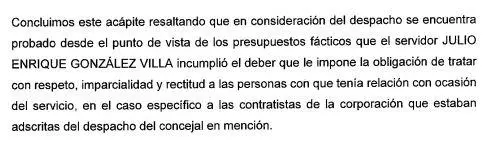 Procuraduría sanciona con más de $100 millones a exconcejal Julio González Villa por acoso laboral